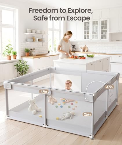 Fodoss Baby Playpen 47x47in with Door - Light Grey, Safe & Easy Setup