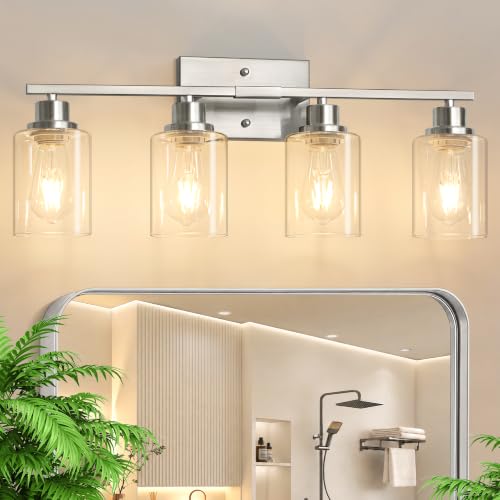 Brushed Nickel 4-Light Bathroom Vanity Light Fixture with Clear Glass Shades - Reversible Mounting