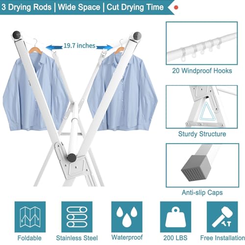 95-Inch Foldable Clothes Drying Rack with 20 Hooks - Heavy Duty Stainless Steel, Indoor Outdoor, White