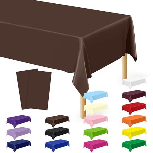 QZYL 2 Pack Brown Plastic Table Cloths, 108 x 54 Inches Rectangle Tablecloth, Disposable Plastic Tablecloths Party Table Cover, Waterproof Party Decorations for Anniversary Birthday Picnic Home