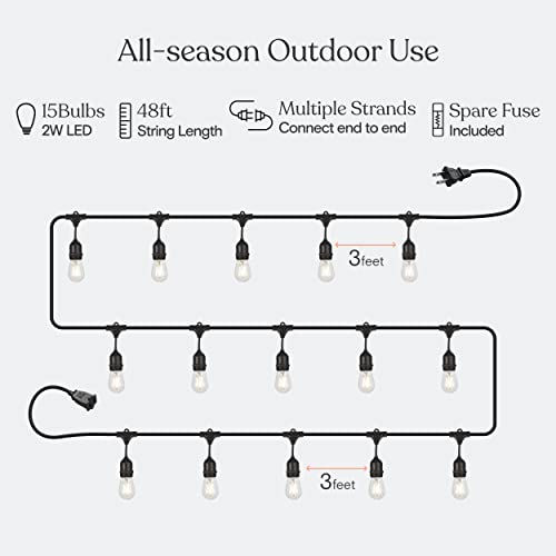Brightech Ambience Pro LED Outdoor String Lights 48ft Soft White Dimmable Bulbs