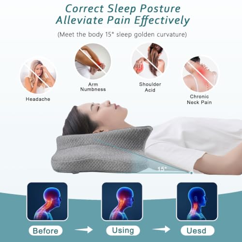 King Size Cervical Neck Pillow for Pain Relief Memory Foam Sleep Support - Dark Grey & Grey