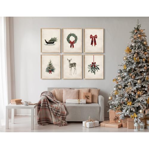 SYYANKK 12x16 Inch Unframed Vintage Christmas Wall Art Set - Rustic Holiday Canvas Prints