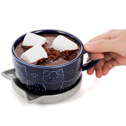 Cute Ceramic Cat Mug Set with Lids and Coasters - 10oz Kawaii Coffee & Tea Cups for Cat Lovers