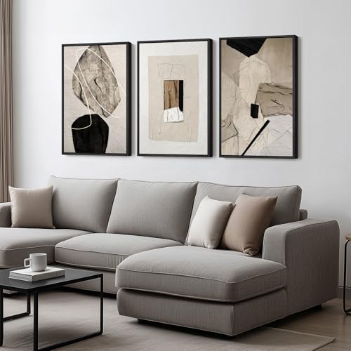 Set of 3 Neutral Abstract Wall Art - 16x24 Inches, Modern Minimalist Frame