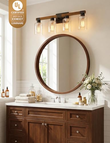 Wood Finish 4-Light Farmhouse Bathroom Vanity Light Fixture - UL Certificated