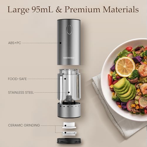 Newise Rechargeable Salt and Pepper Grinder Set, Silver with Clear Acrylic Base, 95ml Capacity