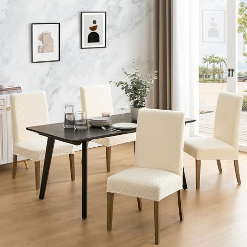 Waterproof Dining Room Chair Covers Set of 6 - Large Diamond-Beige Stretchable Protective Cover for Chairs