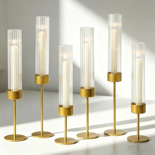 Etolies Gold Glass Hurricane Candle Holders Set of 6 – Tall Ribbed Cylinders for Weddings & Holidays