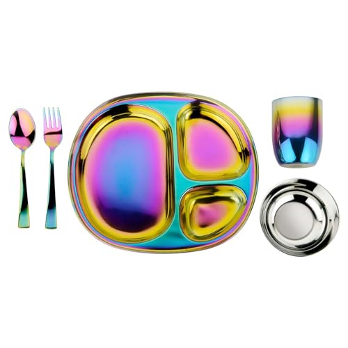 Rainbow Kids Stainless Steel Dinnerware Set - 5-Piece Toddler Plate Bowl Cup Fork Spoon - Safe Non-Toxic for Ages 1-5 (Variation: Rainbow / 5 Piece Set)