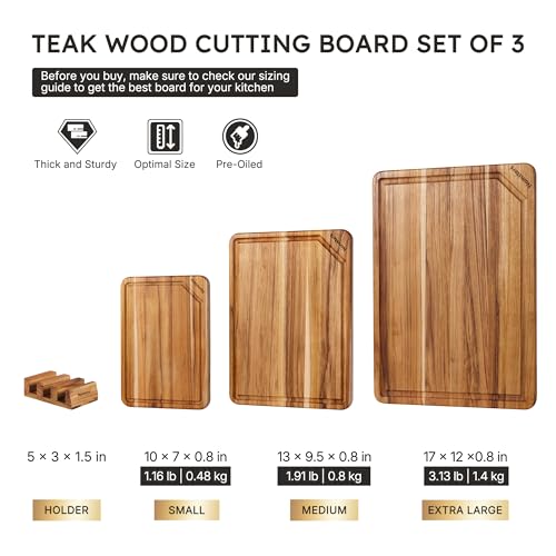 Nomsters 3-Pack Teak Wood Cutting Boards Set with Holder, Non-Slip Base, 10/13/17 Inch
