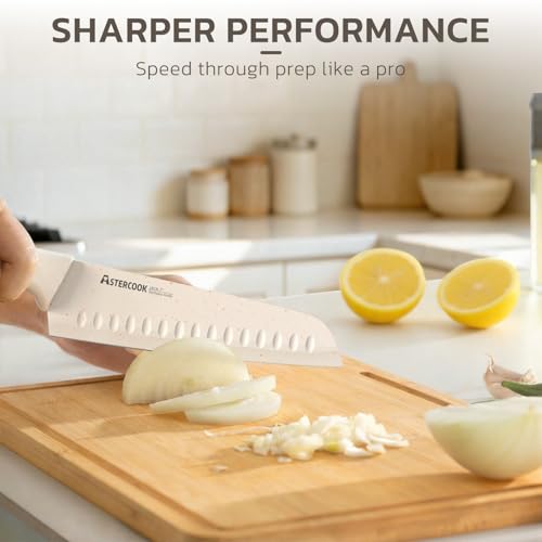 15-Piece Kitchen Knife Set with Sharpener Block - German Stainless Steel, Anti-Rust, Dishwasher Safe, Elegant Cream White