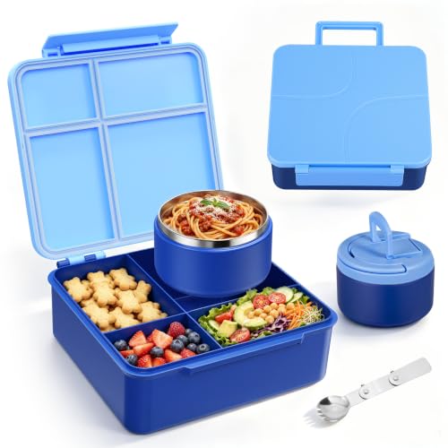 MAXSO Blue Kids Bento Lunch Box Set with 8oz Soup Thermo & 4 Compartments