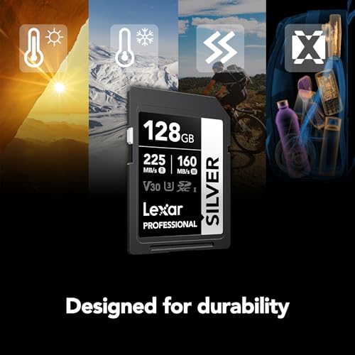 Lexar 128GB Silver UHS-I SD Card 225MB/s Read V30 4K U3 Memory Card