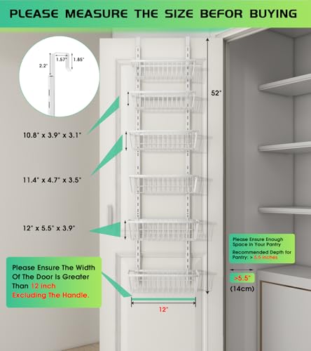 12 Inch Wide Over-the-Door Pantry Organizer with 6 Adjustable Metal Shelves