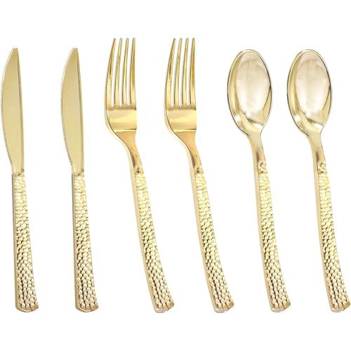 Nervure 300PCS Gold Hammered Plastic Silverware Set - Heavy Duty Disposable Cutlery for Events
