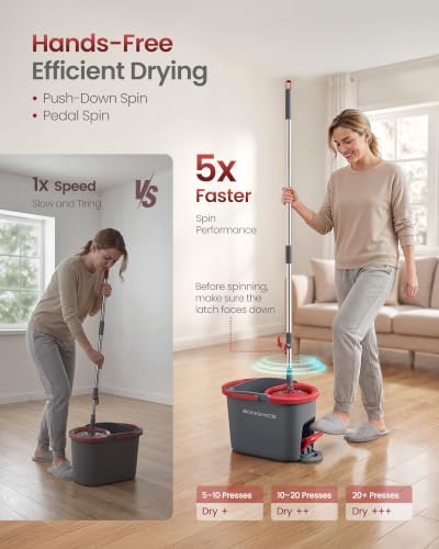 SONGMICS Spin Mop and Bucket Set with Pedal Wringer, 3 Microfiber Pads, Gray + Red