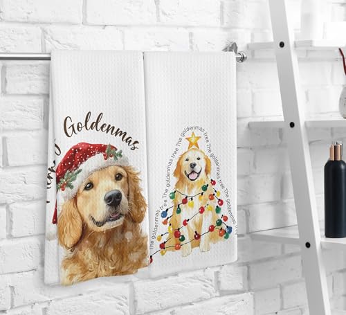 NOQL Golden Retriever Dog Christmas Kitchen Towels Set of 2, 16x24 Inch Holiday Hand Towels