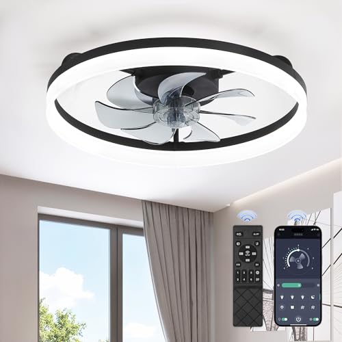 Black 20-Inch Low Profile Ceiling Fan with Lights, APP & Remote Control