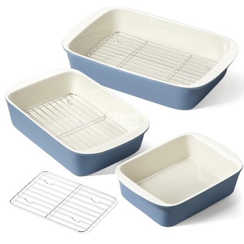 LE TAUCI Ceramic Casserole Set with Racks - Dusty Blue, 3 Sizes, Oven Safe