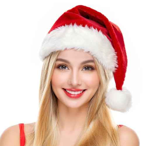 Haomaomao Santa Hat for Adults Christmas Hat Red Velvet Double-Layer Unisex Holiday Xmas Hats for New Year Festive Party