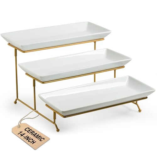 Large 14 Inch Gold 3-Tier Porcelain Serving Stand for Party & Events