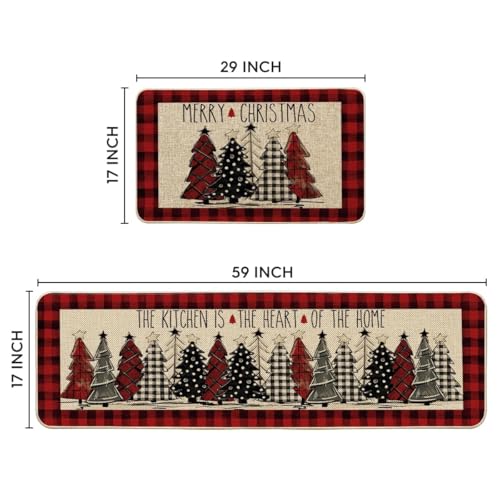Artoid Mode Red Buffalo Plaid Xmas Tree Kitchen Mats Set of 2, 17x29 & 17x59 Inches