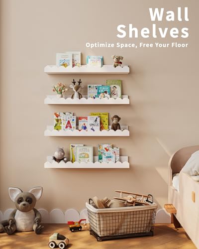 Shario Nursery Book Shelves, 4-Pack White Floating Shelves for Wall