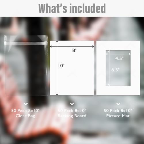 8x10 Photo Mat Set - 50 White Picture Frames for 5x7 Prints with Backings & Bags - Variation of THIS listing