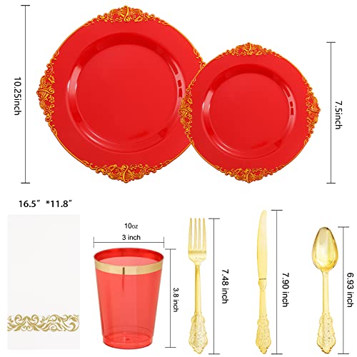 Morejoy 175PCS Red & Gold Disposable Plastic Plates Set - Elegant Partyware