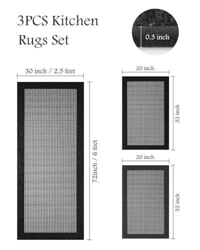 Extra Large Kitchen Runner Rug and Mat Set - 3 Pieces, Black - Non-Slip, Washable