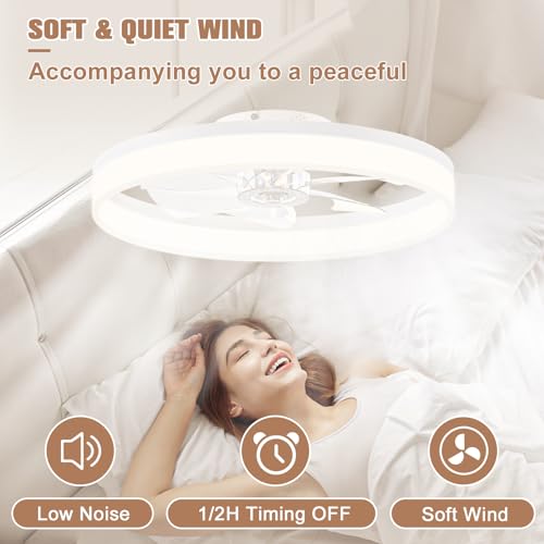 Low Profile Bladeless Ceiling Fan with Dimmable LED Light - 23.6in Flush Mount White