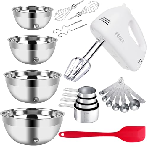 Red 5-Speed Electric Hand Mixer with 4 Mixing Bowls & Kitchen Baking Set