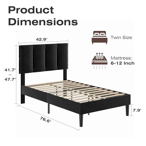 VECELO Twin Size Bed Frame with Upholstered Headboard - Black, 2-Black