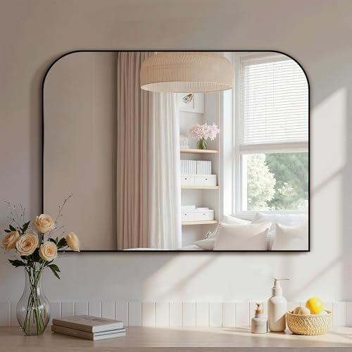 Black Metal Framed Bathroom Mirror 30x40 Inches Over Sink - Modern Wall Mirror Variation