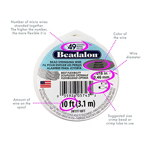 Beadalon 49 Strand Jewelry Wire - Bright .018in / 0.46mm, 100ft / 31m, Flexible Silver Beading Wire - Bright / .018 in / 0.46 mm