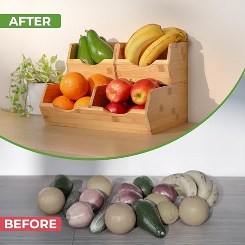 Medium Bamboo Pantry Storage Bins Set of 3 Stackable Fruit & Vegetable Organizer