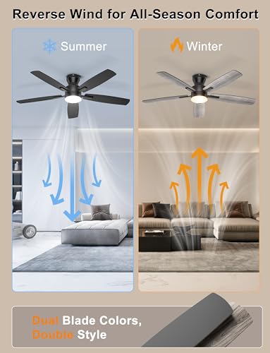 Low Profile Ceiling Fan with Lights 52 Inch Black Remote & App Control