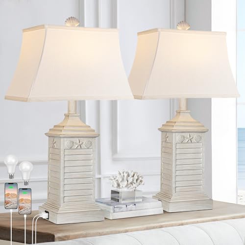 Hamucd Washed White Coastal Table Lamps Set of 2 - Beach Nautical Modern Resin Nightstand Lamps with USB A+C, 3-Color LED Lighting