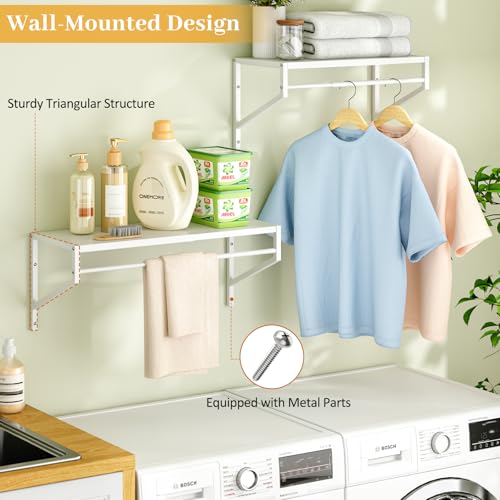 White Expandable Laundry Room Shelves with Hanging Rod - Wall Mounted Utility Storage