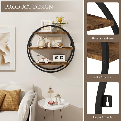 Circular 3-Tier Wall Shelf - Modern Metal Frame & Wood Storage Decor (Variation: Circular)