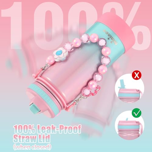 Kids Water Bottle with Beaded Handle - Sparkle Guava, 16 oz Insulated Stainless Steel with Leakproof Straw Lid