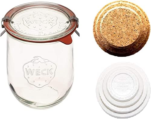 WECK - Sour Dough Starter Jars - Classic Glass Jars for Sourdough with Glass Lid - Tulip Jar with Wide Mouth 1 Liter Includes Cork Lid & Keep Fresh Cover (2 Pack)