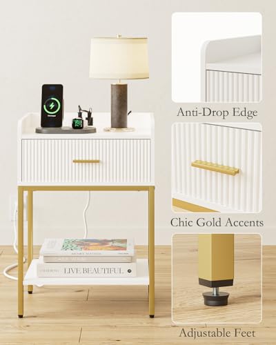 Nightstand with Charging Station - 3-Tier Bedside Table, Open Shelf & Drawer, White - Variation of THIS listing
