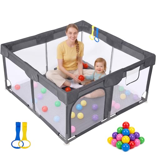 Small Baby Playpen 47x47 Inches with Pull-Up Rings - Dark Gray
