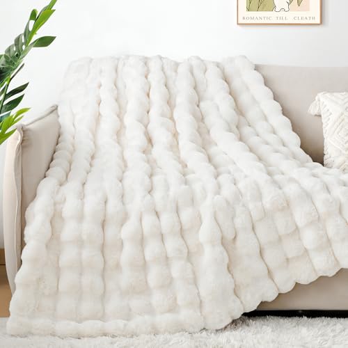 Touchat White Queen 90x90 Faux Fur Blanket - Ultra Soft Cozy Reversible Mink Throw for Couch & Bed