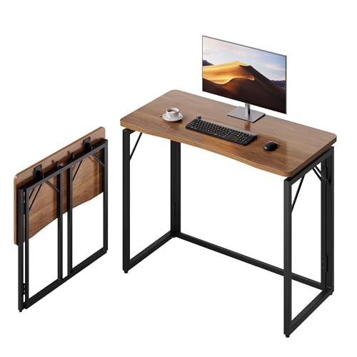 Brown 31.5-Inch Folding Desk - No Assembly Wooden Top, Small Space-Saving Table