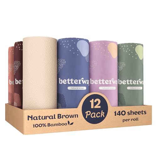 Betterway Unbleached Bamboo Paper Towels 12 Rolls - Eco-Friendly, Compostable, 2-Ply, Natural Brown
