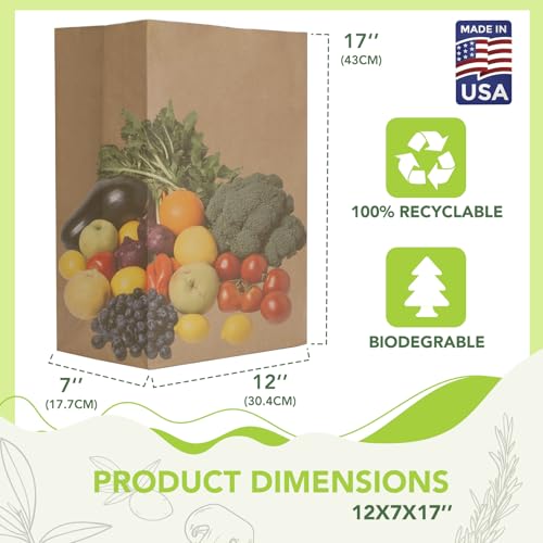 MESHA Paper Grocery Bags 12x7x17 Inches Bulk 100 Pack - Heavy Duty Kraft Bags with Variation 12"x7"x17"