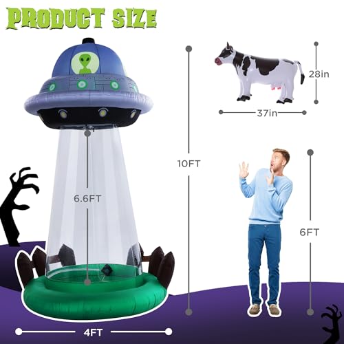 10 FT UFO Abduction Inflatable Halloween Decor with Cow & LED Lights - Outdoor Yard Decoration